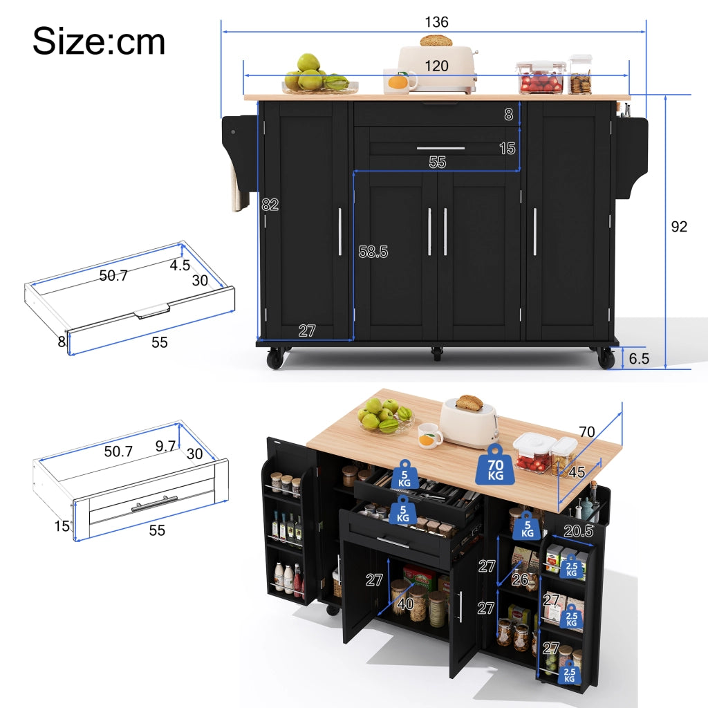 Carrello da Cucina con 4 Ante; 2 Cassetti; Ripiani Regolabili e Portasciugamani; 136 x 70 x 92 cm