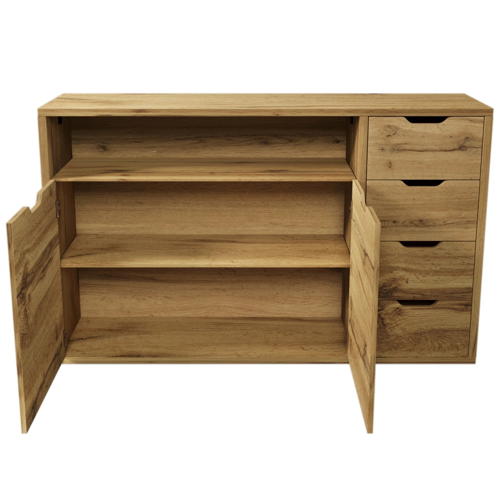 OKWISH Credenza con 2 Ante, 4 Cassetti e 1 Vano Aperto, Ripiani Regolabili, per Soggiorno 150 x 40 x 90 cm
