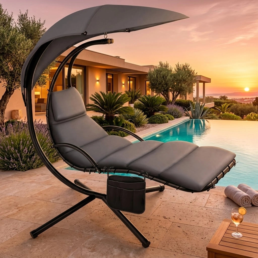 Sdraio Pensile Con Tettuccio Parasole Integrato E Cuscino Ergonomico Amaca Da Giardino In Acciaio E Poliestere 195 x 132 x 197 Cm Grigio