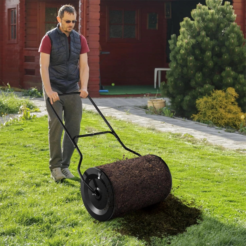 Rullo Spargiconcime Prato da 80L, Spargiconcime a Rullo Ø41 x 68 cm con Manico e Cestello in Rete Metallica, Spargiterriccio da Giardino per Concimazione e Semina
