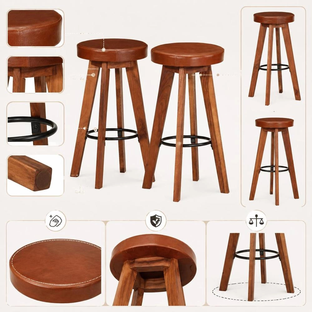 Bar Stools, 2 Pieces. Genuine Leather And Solid Acacia Wood.