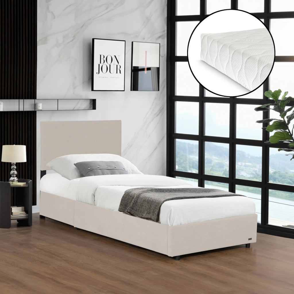 Letto Contenitore Juva Apertura a Ribalta Letto Singolo con Materasso 90x200 cm Velluto a Coste Beige Corium
