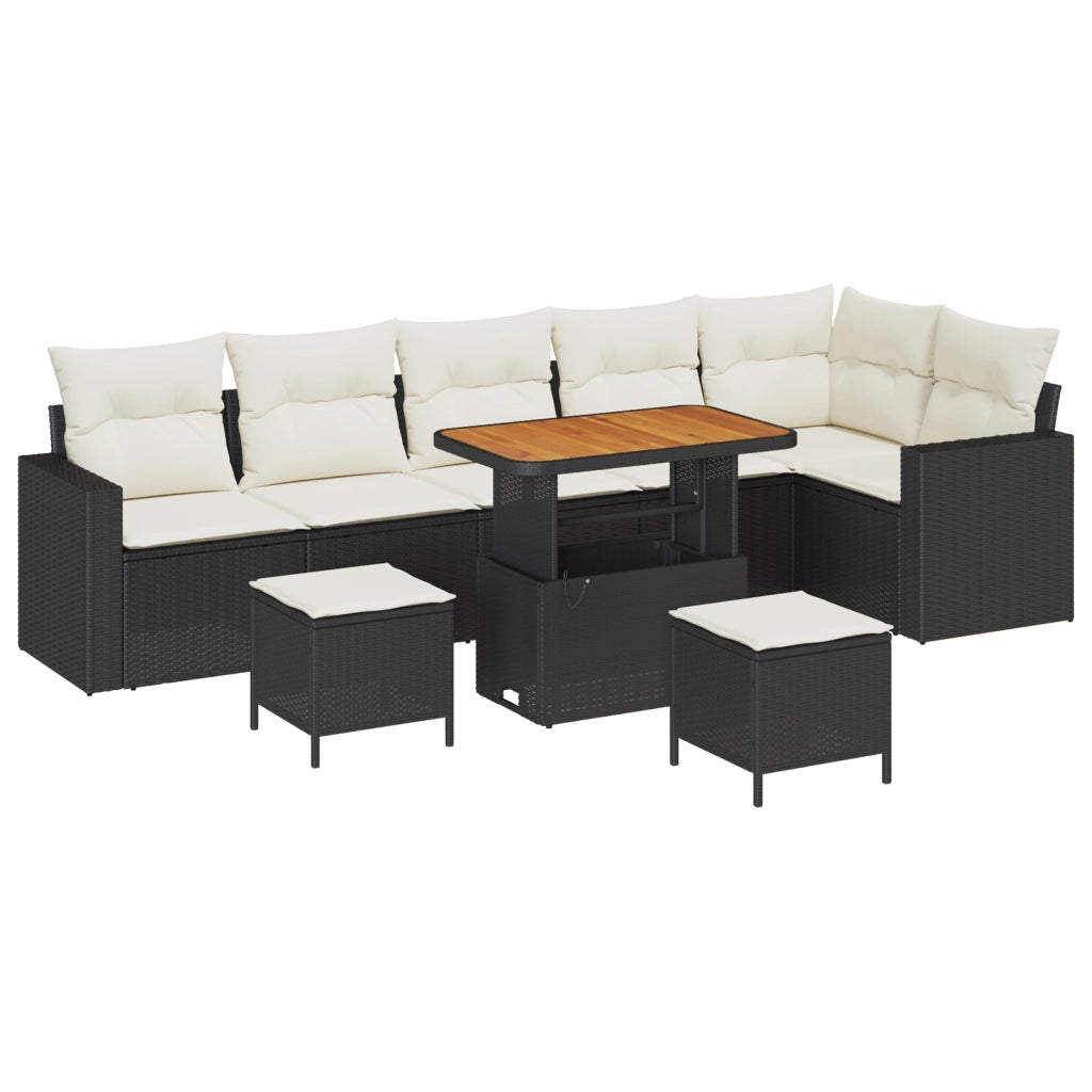 Set Divano da Giardino con 9 Pezzi e Cuscini Nero Polyrattan Acacia