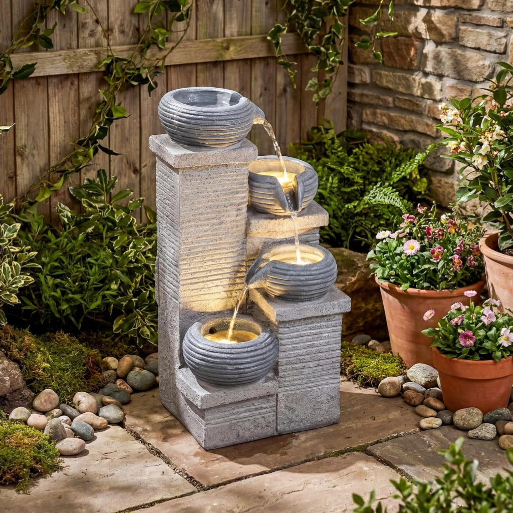 Fontana da Giardino a 4 Livelli, Fontana Cascata da Esterno in Resina con 3 Luci LED, Pompa Silenziosa e Velocità Regolabile, Fontanella Decorativa per Terrazze e Cortile, 28 x 22 x 58 cm