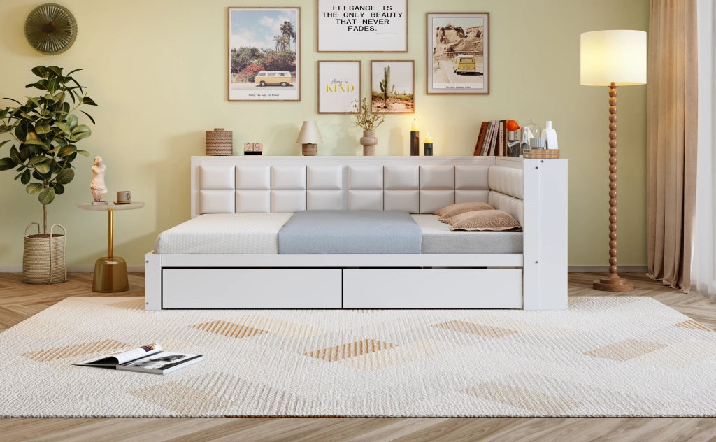 DESMIU Letto a banquette 140 × 200 cm 2 posti con 2 cassetti, schienale imbottito, senza materasso, in legno, bianco