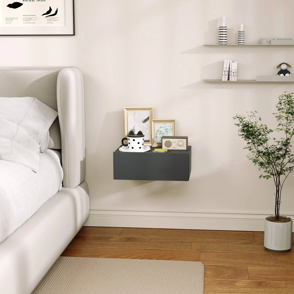 Comodino Sospeso Moderno 40x30x15 cm con Cassetto in Legno Nero
