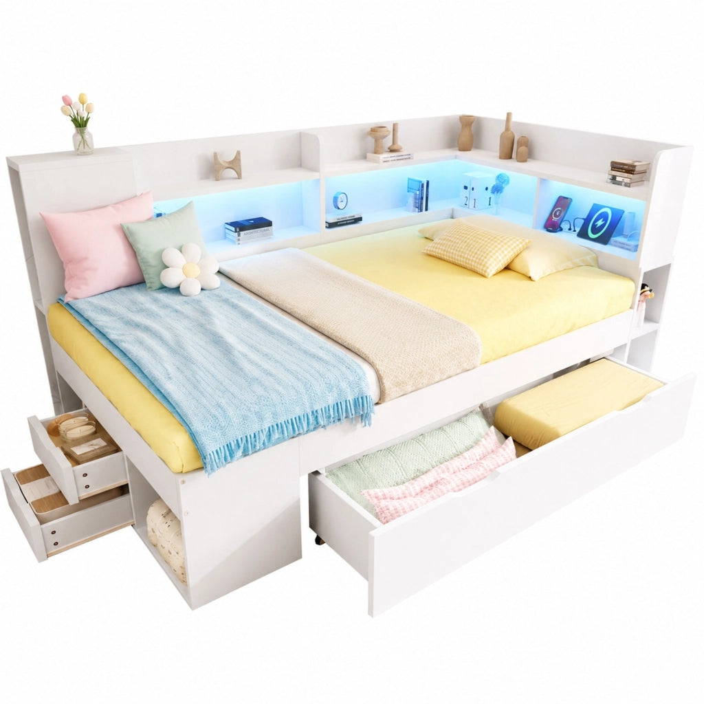 Letto singolo 90x200 cm in legno bianco con LED; USB e Type-C; contenitore e ripiani