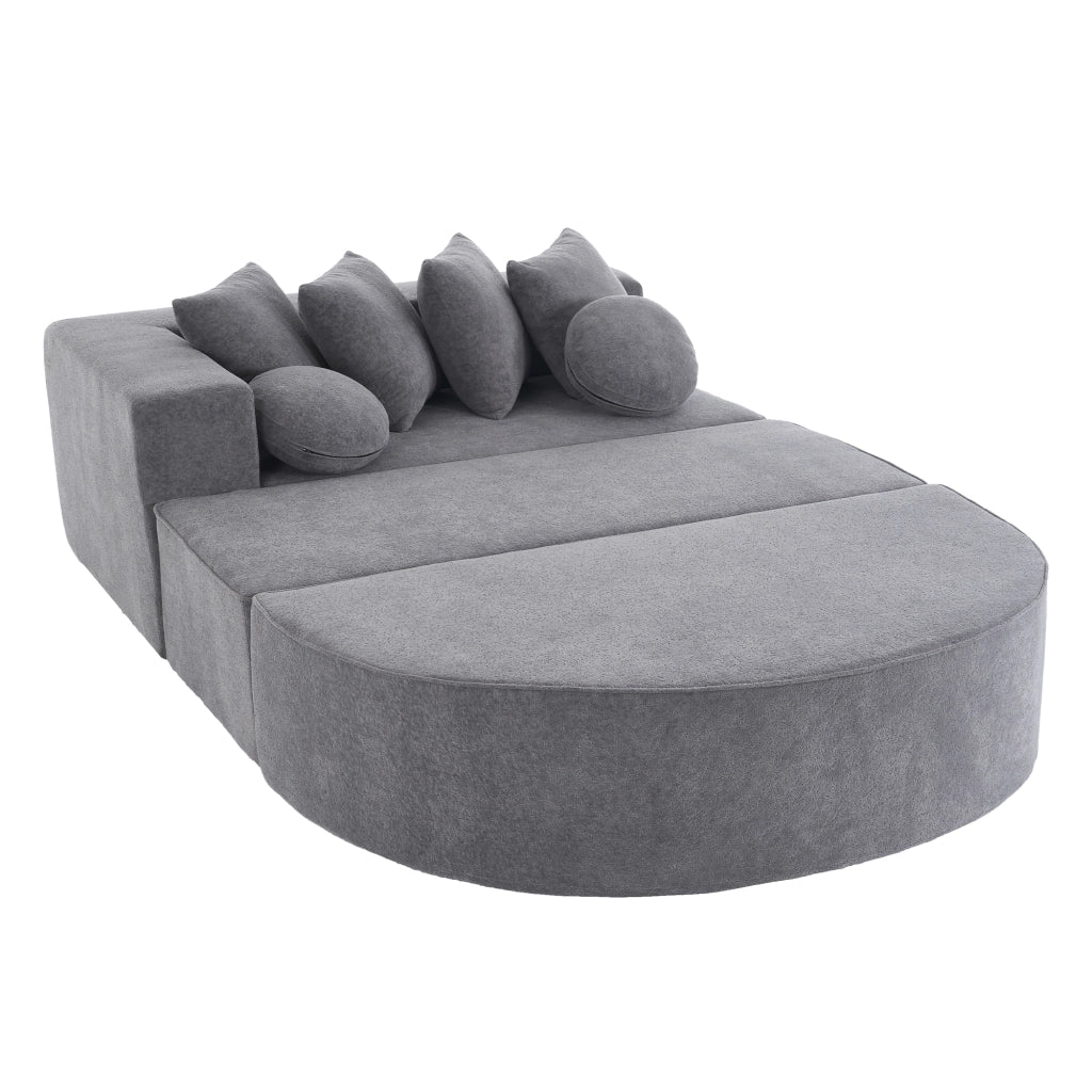 Divano modulare in chenille grigio, struttura in schiuma, componibile, senza montaggio