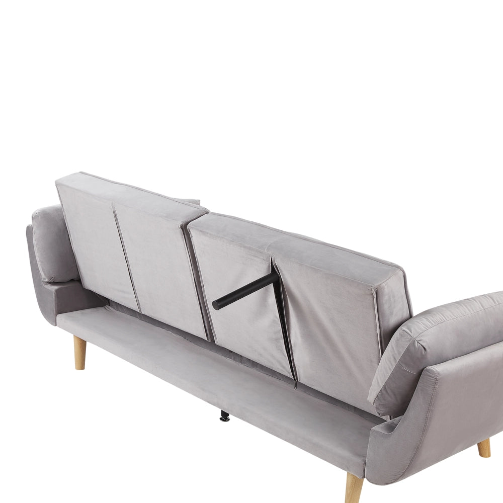 Divano Letto Tessuto Velluto Grigio Chiaro Gambe In Legno A 3 Posti Imbottitura In Schiuma Imbottitura Biscuit Schienale Diviso