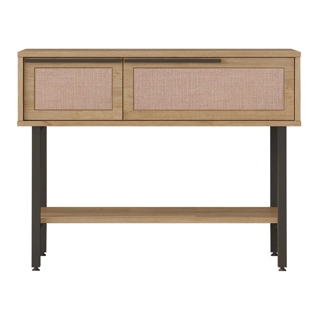 Tavolo consolle 100 x 30 x 76 cm effetto rovere con effetto rattan nero 03_0010879