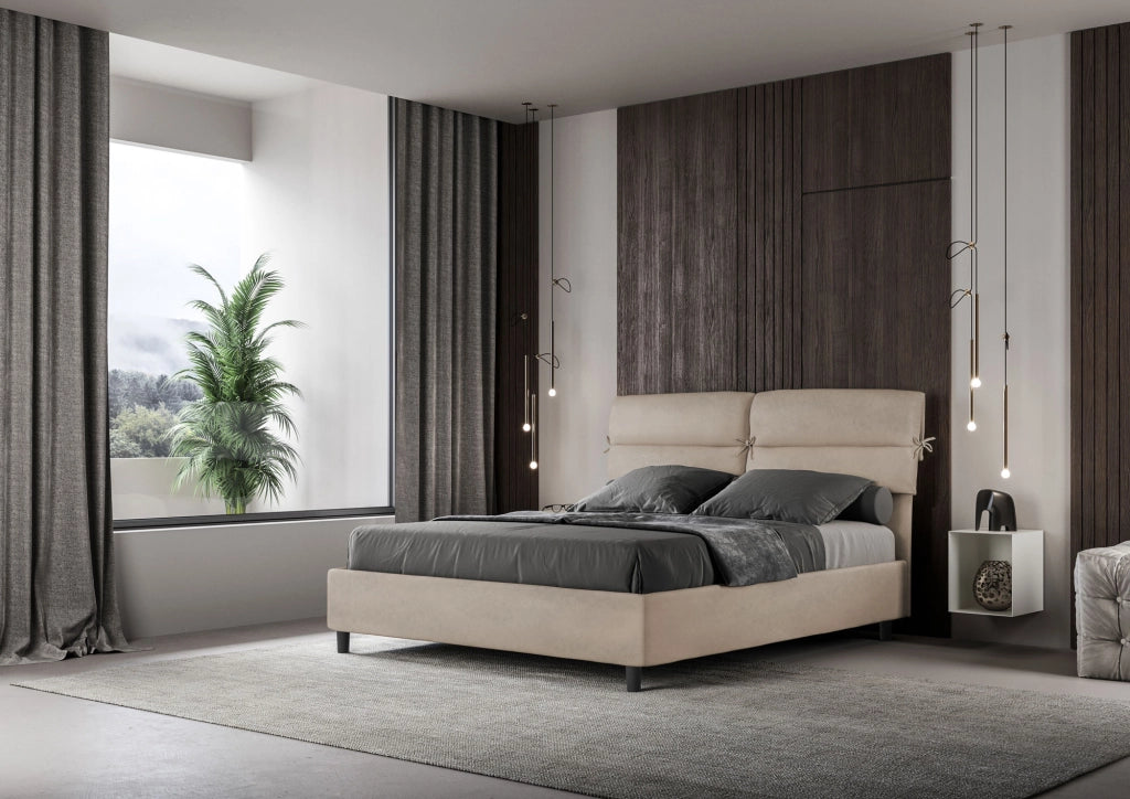 Letto Matrimoniale 160x190 cm con Rete e Contenitore con Testata e Alzata Comoda Imbottito in Microfibra Nandy Sabbia