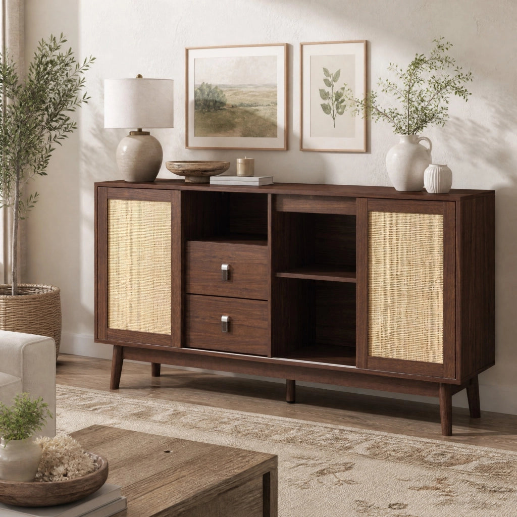 Credenza in Rattan con 3 Ante Scorrevoli e 2 Cassetti