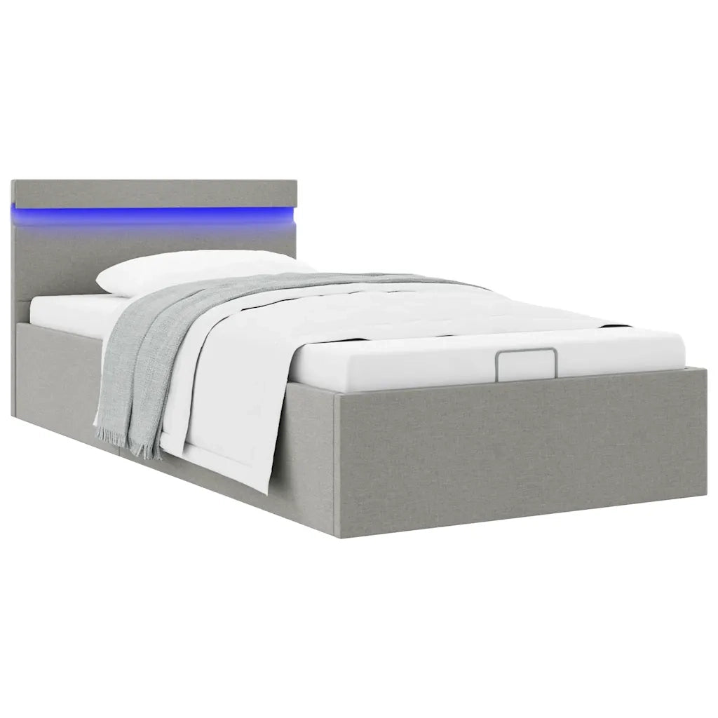 Letto singolo | Letto per adulti | Giroletto con Contenitore e LED Grigio Chiaro Tessuto 90x200 cm
