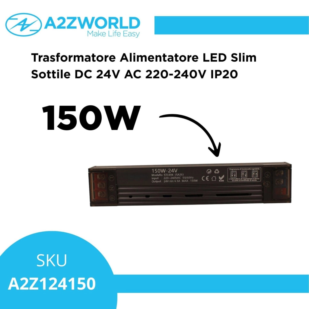 Trasformatore Alimentatore LED Slim Sottile 150W DC 24V AC 220-240V IP20 Dimmerabile a DIP con Coperchio Protezione su Morsetti 185x35x25mm