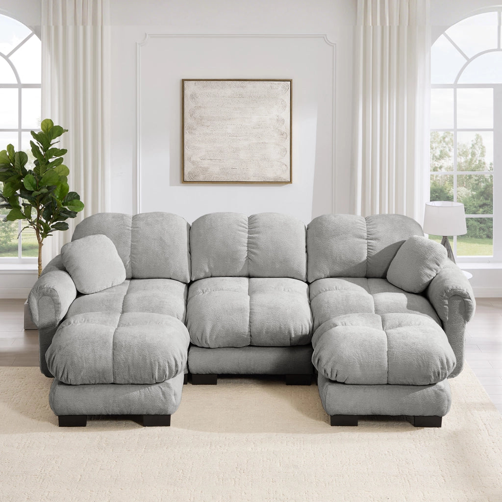 Divano modulare a U 3 posti con pouf mobile e cuscini decorativi; trapuntatura; in ciniglia grigio chiaro