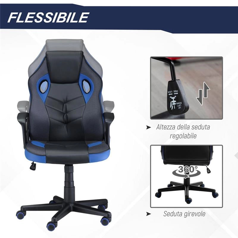 SEDIA DA GAMING POLTRONA DA UFFICIO GIREVOLE CON RUOTE IN SIMILPELLE NERA BLU
