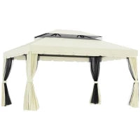 Gazebo da Giardino 4x3m con Zanzariera, Tende e Doppio Tetto in Alluminio e Poliestere, Crema