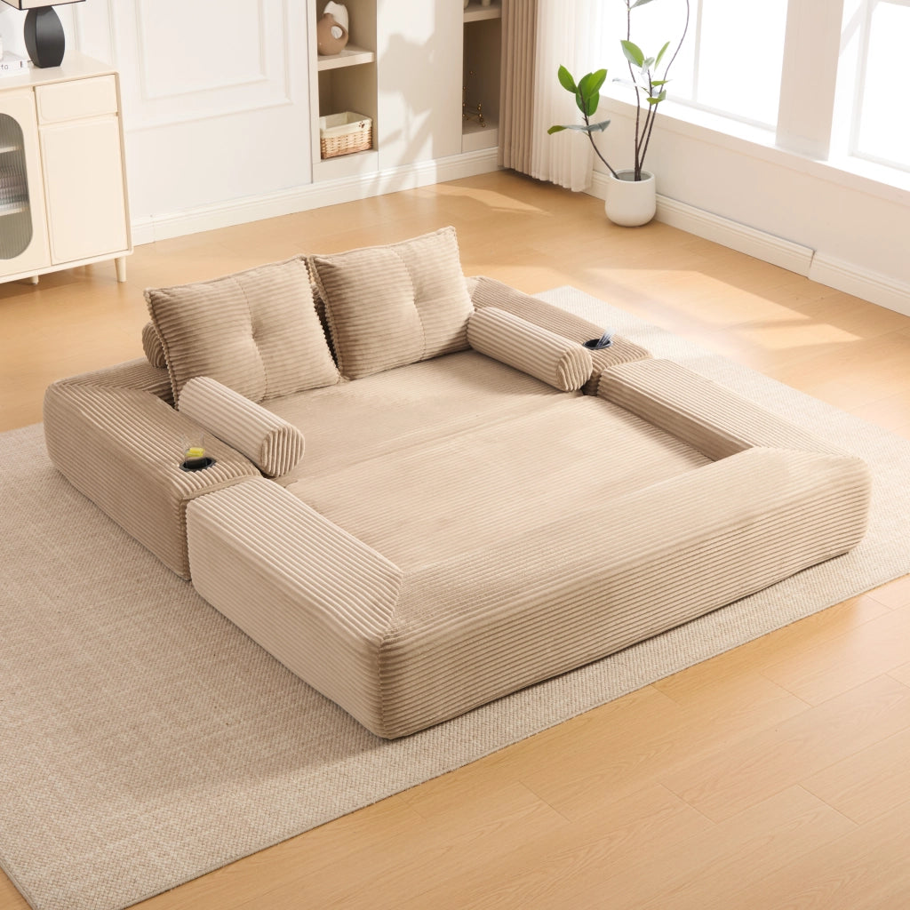 Divano letto modulare in tessuto corduroy con cuscini memory, tasche laterali e portabicchieri, khaki