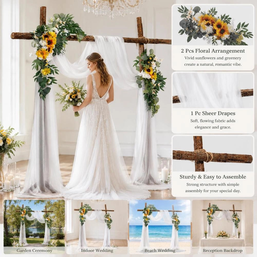 Yellow Artificial Flower Wedding Decoration Kit, Includes 2 Floral Garlands And 1 Sheer Curtain, Easy Assembly Stable Structure For Bride Engagement Party Dinner Background Decor