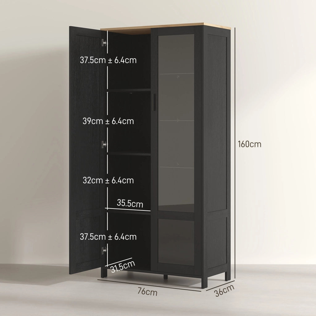 Credenza Stile Moderno Mobile Alto a 9 Ripiani Regolabili con Ante in Vetro 76x36x160 cm Nero e color Legno