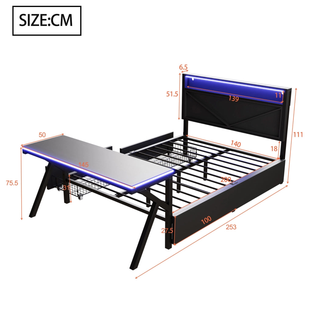 Letto gaming a piattaforma 140x200 cm con testiera LED; scrivania LED e 2 cassetti; nero