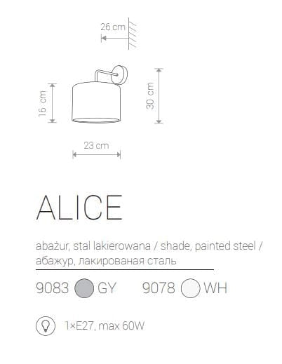 Applique Nowodvorski ALICE grigia tessuto E27 1 luce