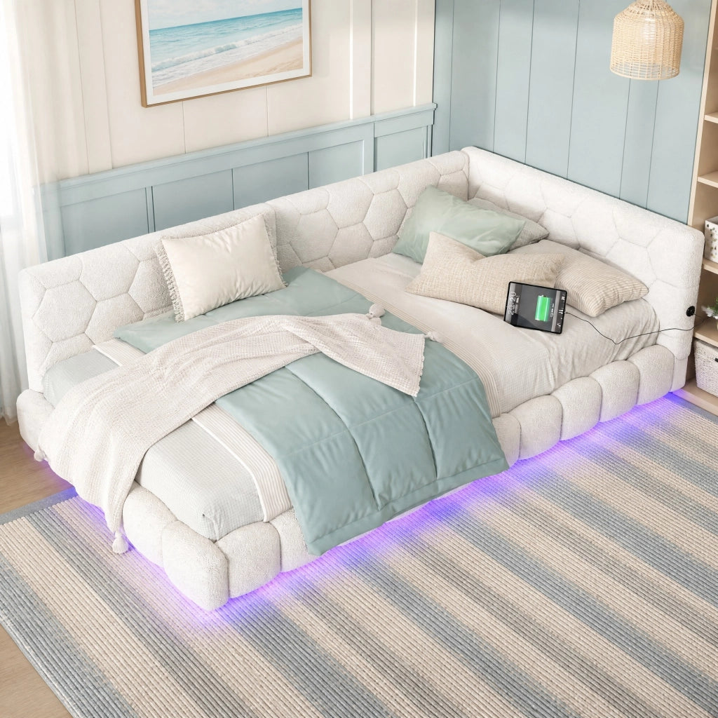 Divano letto 90x200 cm con luce LED a 16 colori; USB e USB-C; bianco