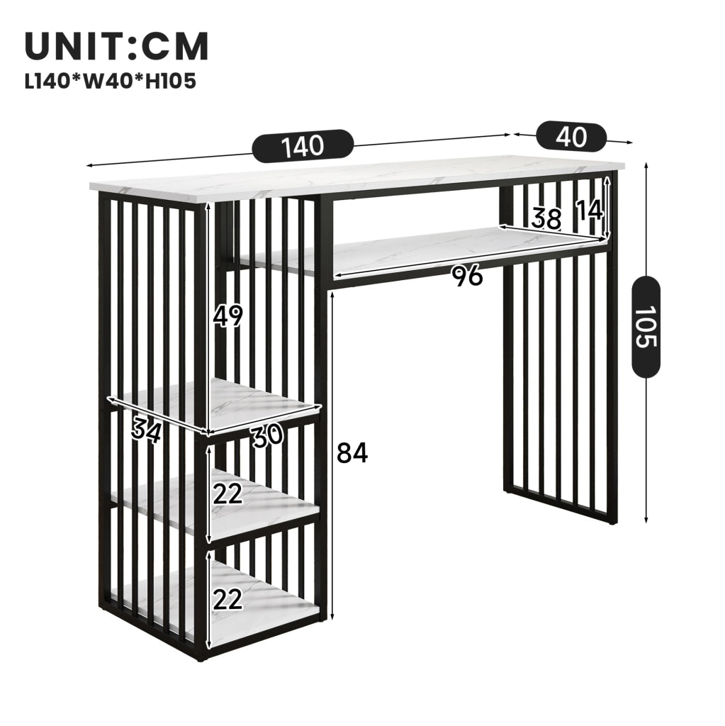 Bartisch con contenitore 140x40x105 cm; piano effetto marmo in MDF; bianco e nero
