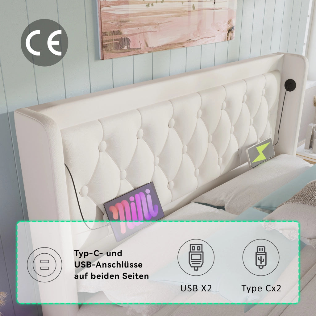 Letto Contenitore 160×200 cm; Matrimoniale con USB; USB-C e LED 3 Lati; senza Materasso; PU Bianco