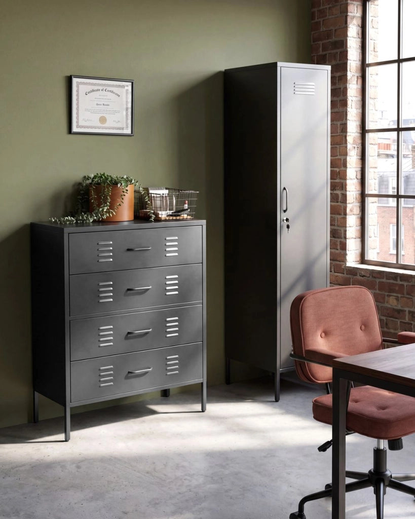 Armadio a 4 cassetti in metallo Nero in acciaio stile industriale per il soggiorno dell'home office