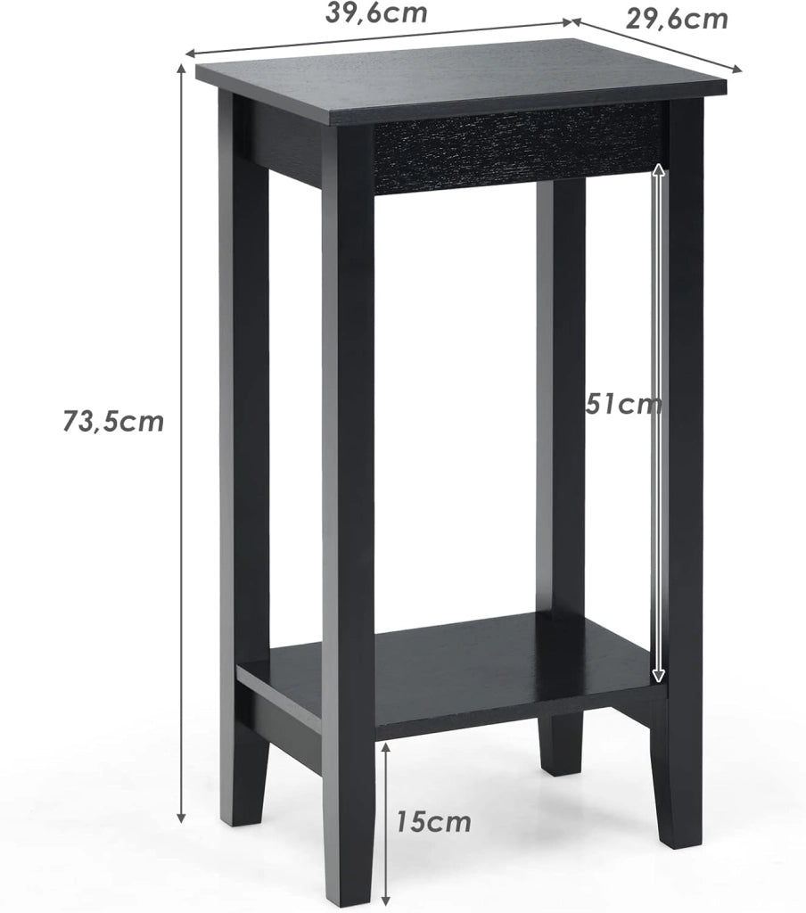 Tavolino da Salotto, Tavolino di Servizio con 2 Livelli e 4 Gambe in Solido Legno, Tavolino da Caffè Rettangolare Stretto per Salone e Camera da Letto, 39,6 x 29,6 x 73,5 cm (Nero)