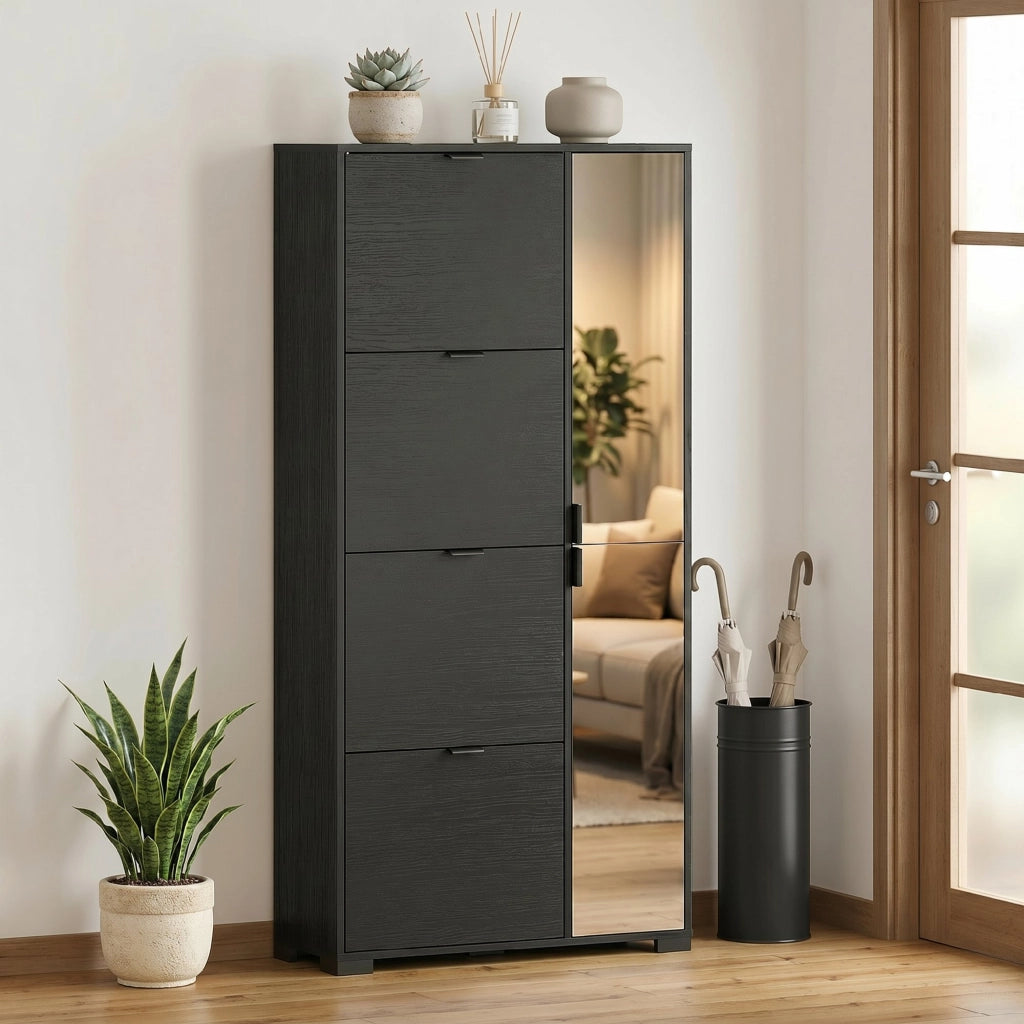 Scarpiera con Specchio ¨C Xylo ¨C 4 Cassetti Ribalta Nero 16 Paia