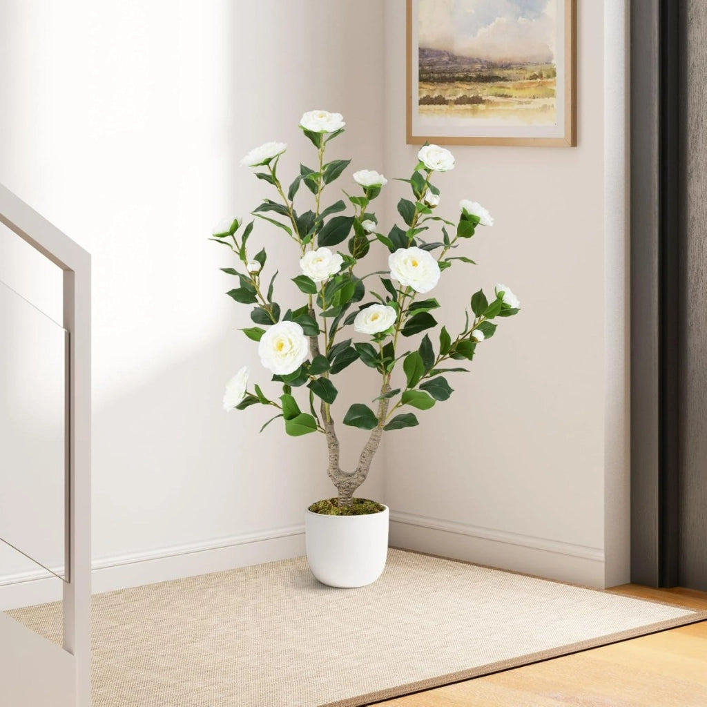 Albero di camelia artificiale da 90 cm, Pianta finta con fiori in vaso da vivai, Bianco e Verde-Piante artificiali