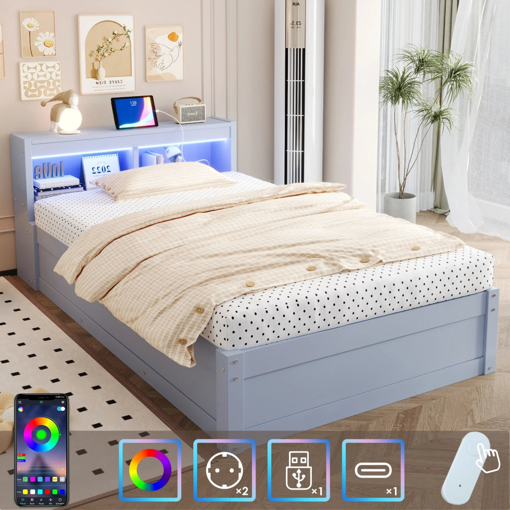 LETTO Multifunzionale 90x200 cm Grigio con presa multifunzione e LED