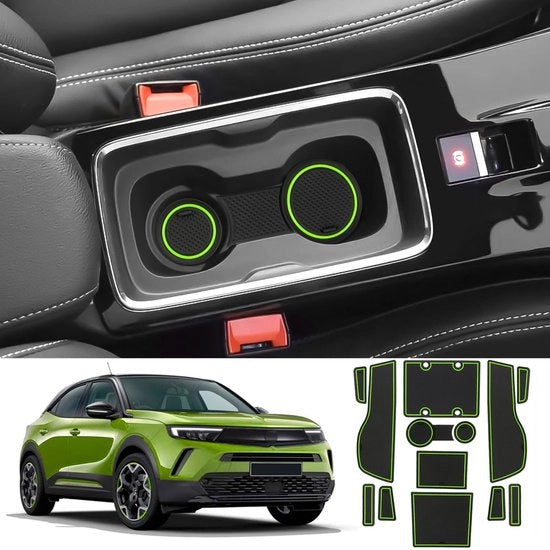 Materassini antiscivolo compatibili con Opel Mokka B Mokka-E 2021-2024, tappeti in gomma per console centrale tappeti per portiere tappeto per contenitore portabevande, accessori Opel Mokka tappeti antiscivolo in gomma (verde)