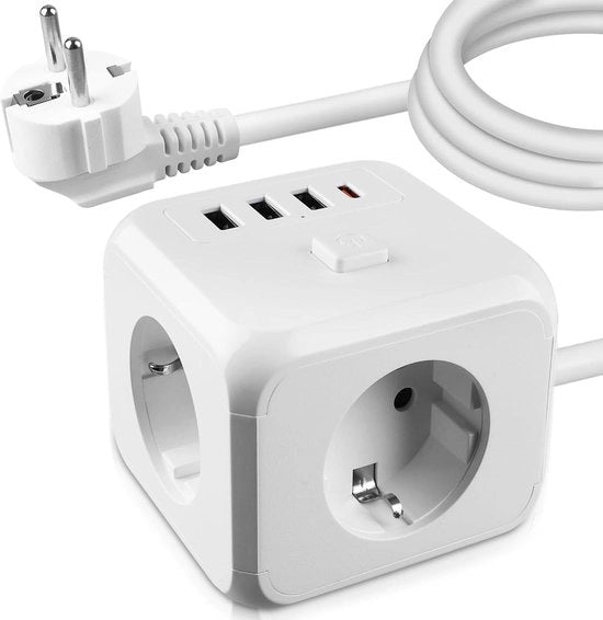 Scatola di alimentazione tripla con interruttore - estensione presa di corrente - 3 prese di corrente con 3 porte USB e 1 porta USB-C - adattatore di alimentazione per ufficio e casa - cavo di 15 m.