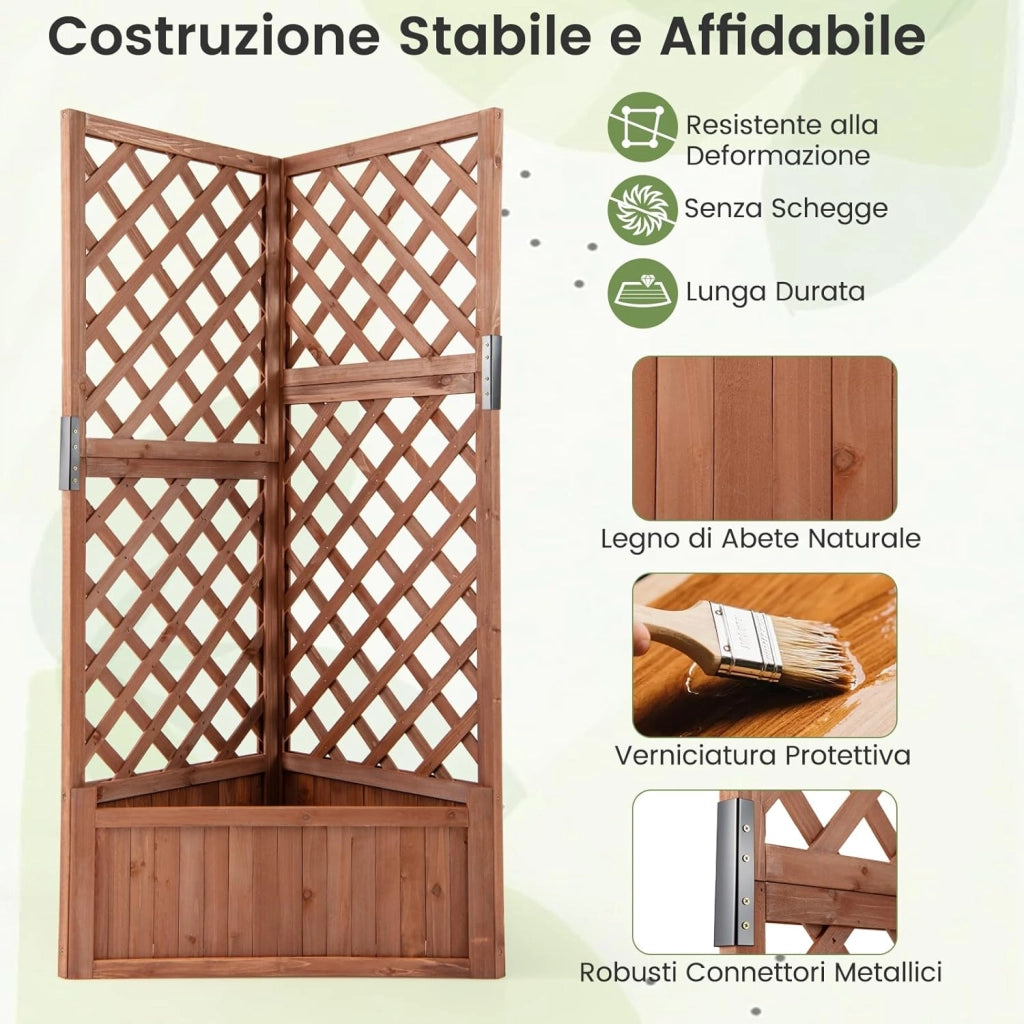 Letto da Giardino Rialzato ad Angolo con Traliccio e Fori di Drenaggio, Fioriera in Legno Elevata per Piante Rampicanti, Fiori e Verdure, Ideale per Interno ed Esterno (Marrone)