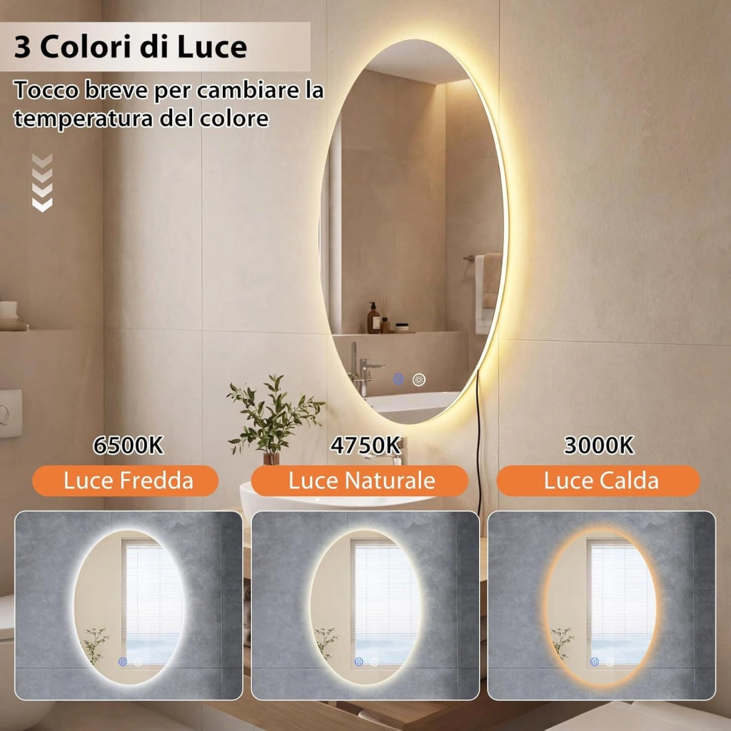 Specchio da Bagno Ovale 70 x 50 CM, Specchio da Toeletta con Luce LED, Antiappannamento, 3 Colori di Luce Dimmerabili, Funzione Memoria e Vetro Temperato Infrangibile per Ingresso