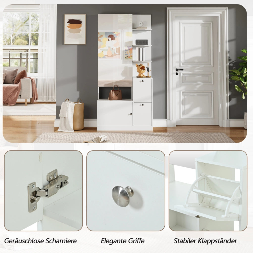 Mobile ingresso 85x40x180 cm con specchio; 2 ante; 5 ripiani e scarpiera; bianco