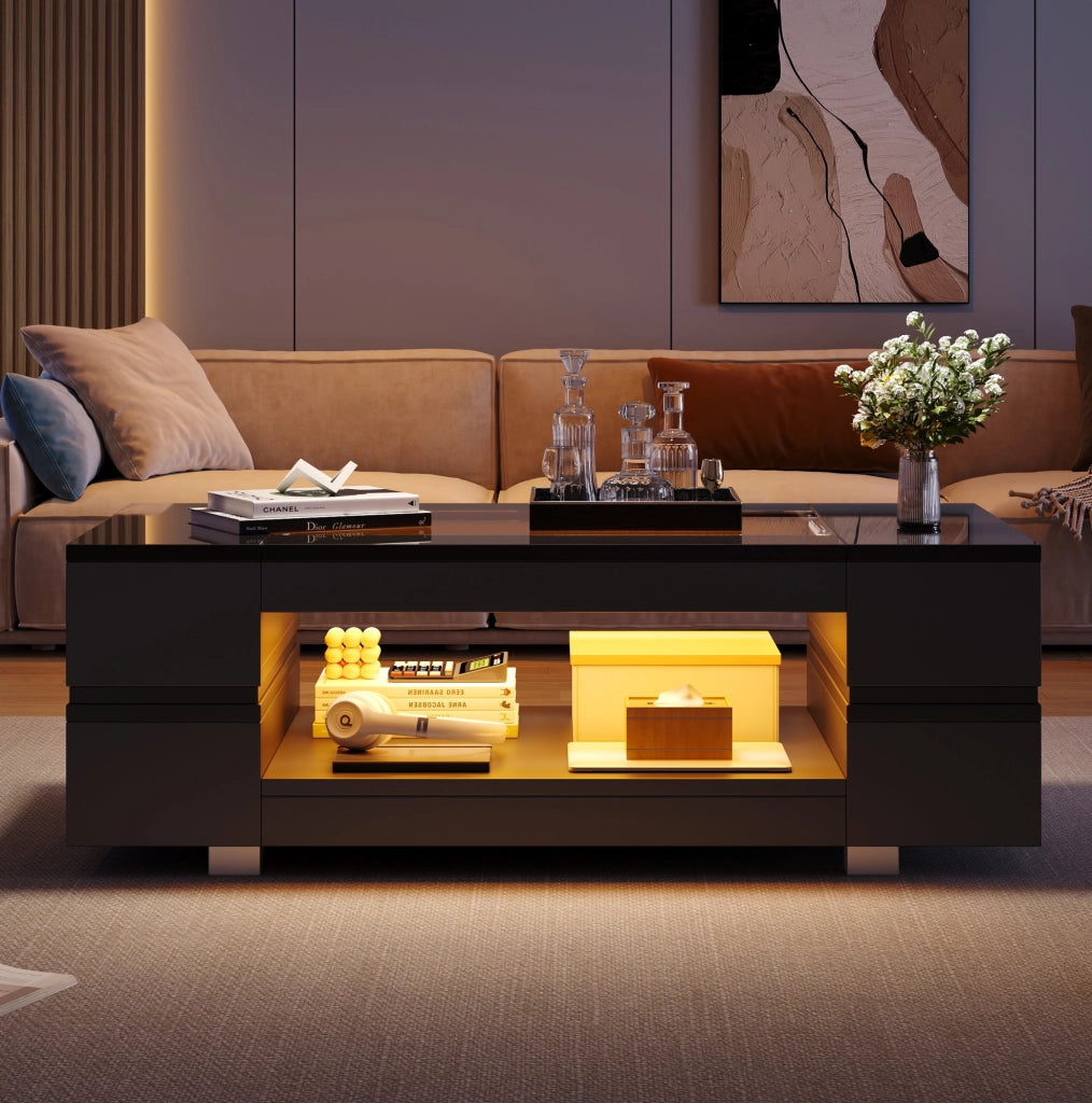 Tavolino da salotto nero con luci LED e doppio piano