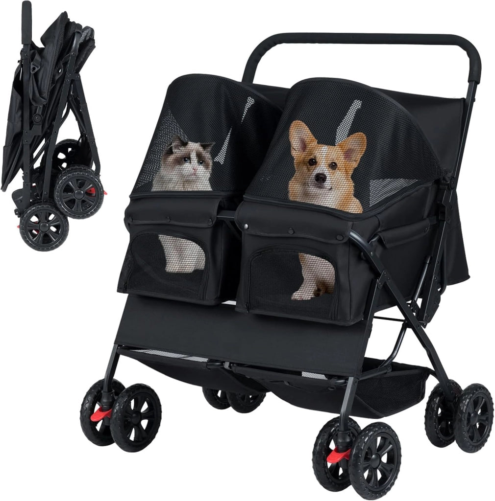 Passeggino Doppio Pieghevole per Cani a 2 Posti, Nero
Carrozzina per Cani con Tettuccio Regolabile, Cuscino Rimovibile, Cintura di Sicurezza, Cestino e 4 Ruote