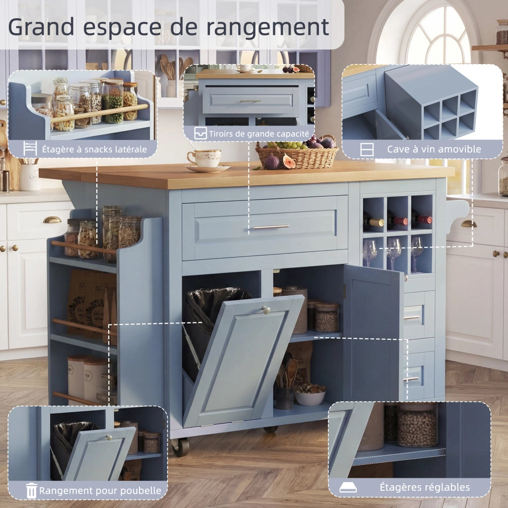 Carrello da cucina con piano ribaltabile; cassetti; ripiani regolabili; portabottiglie ed vano pattumiera