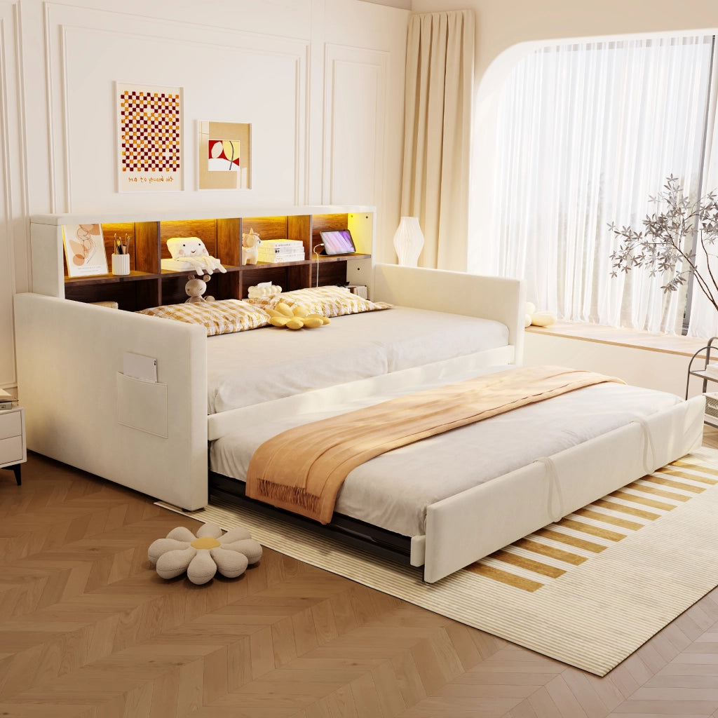 OKWISH Letto Estraibile Singolo con Contenitore, LED, USB e Tipo C, 90 x 190 cm, senza Materasso, Beige