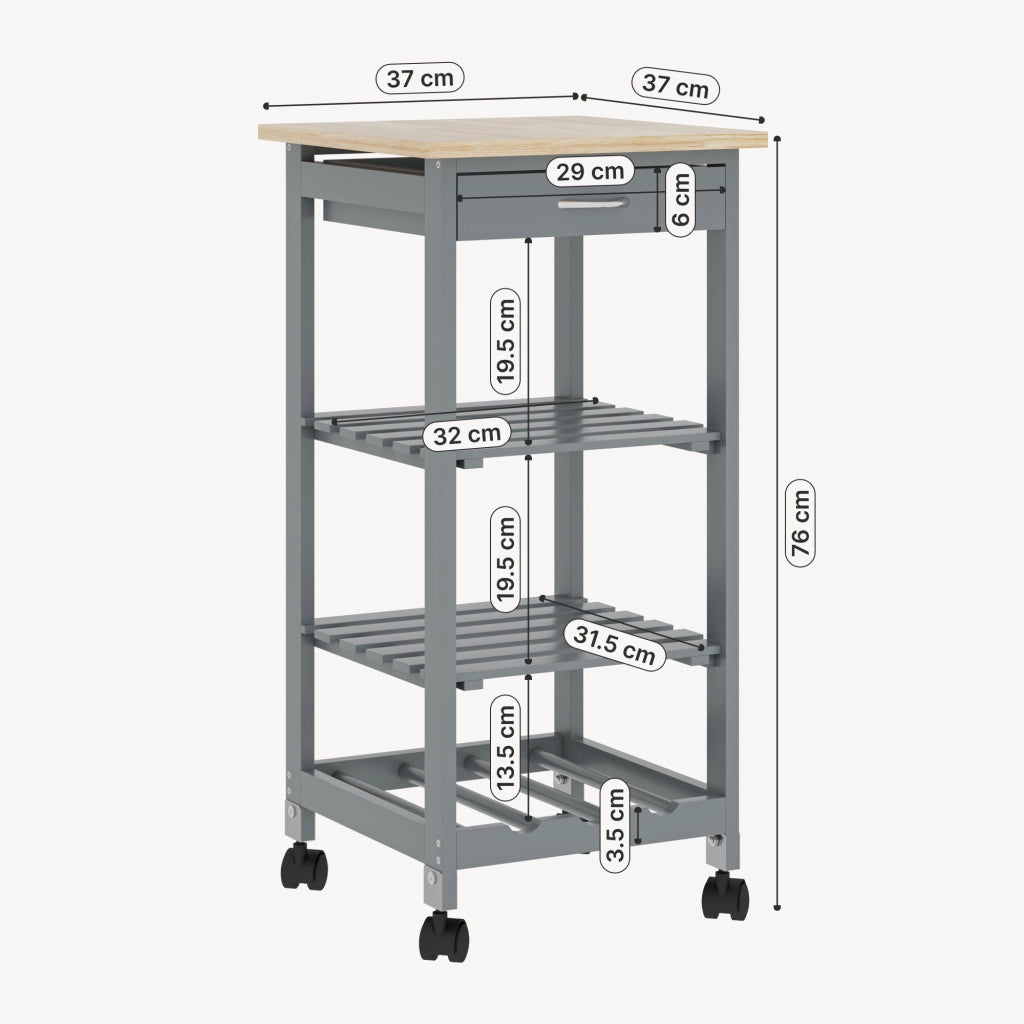 Carrello Portaoggetti Biel con Cassetto 3 Ripiani e Griglia Portabottiglie 76x37x37 cm - Grigio Scuro / Effetto Legno [en.casa]