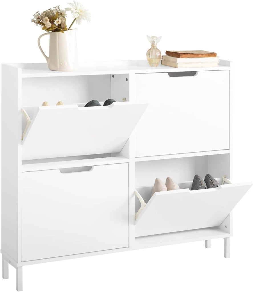 Scarpiera Salvaspazio Slim da Ingresso – Mobile Portascarpe con 4 Ante a Ribalta Regolabili in Legno – Armadio Scarpiera Alta e Stretta per Bagno o Corridoio, 100x19x91 cm，Naturale, FSR100-N