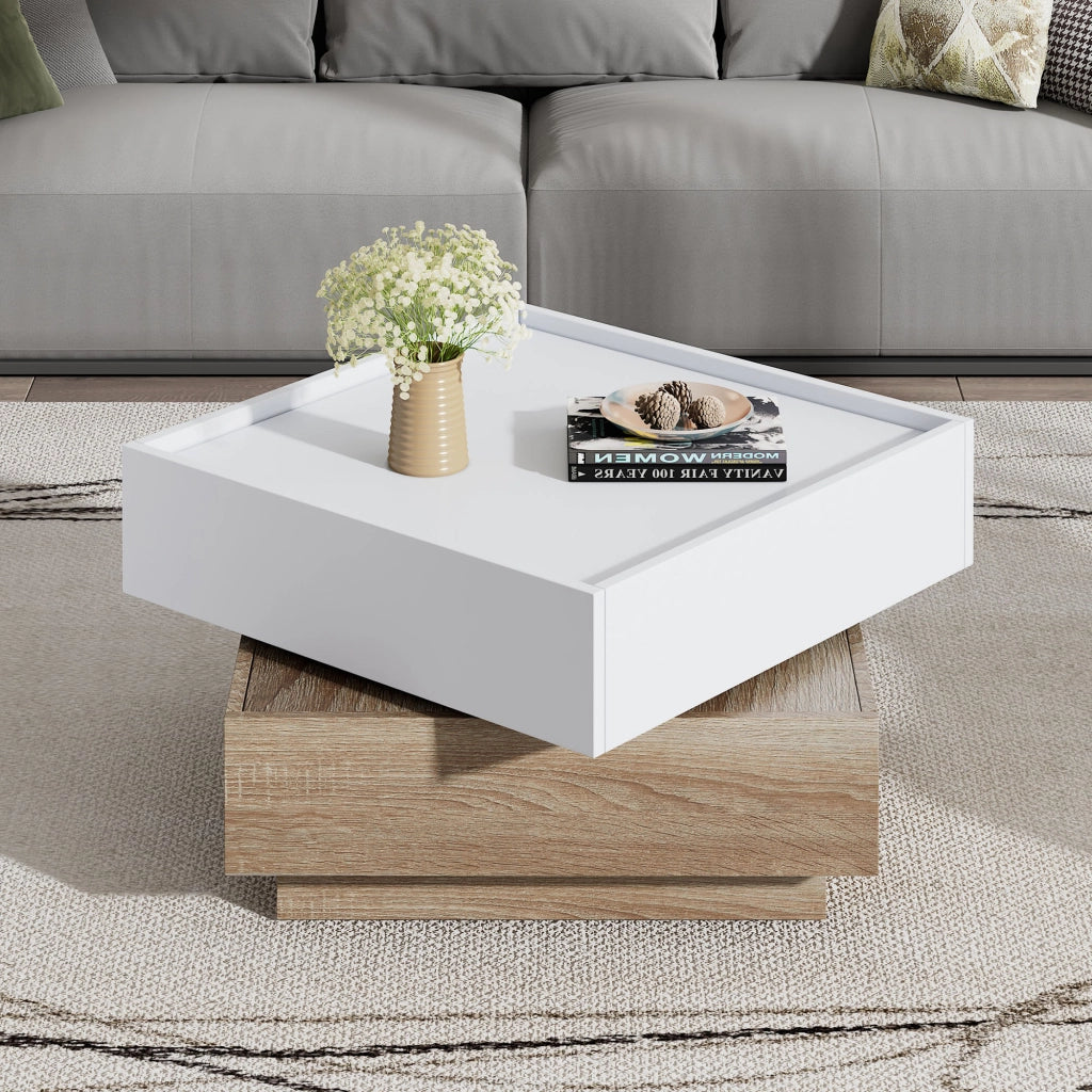 Tavolino basso girevole a 360° con 2 cassetti e piano a due livelli in truciolare bianco noce 60 × 60 × 38 cm