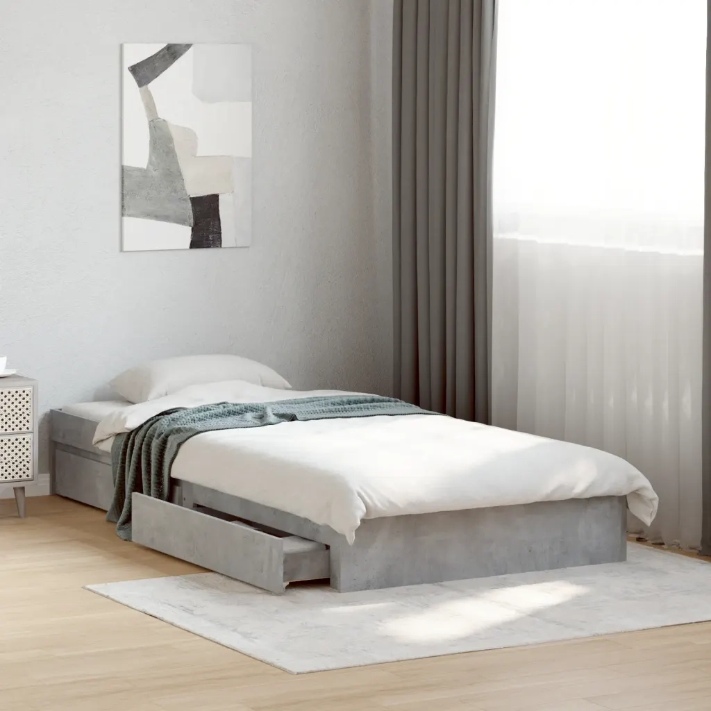 Letto singolo | Letto per adulti | Giroletto Cassetti Grigio Cemento 75x190 cm Legno Multistrato