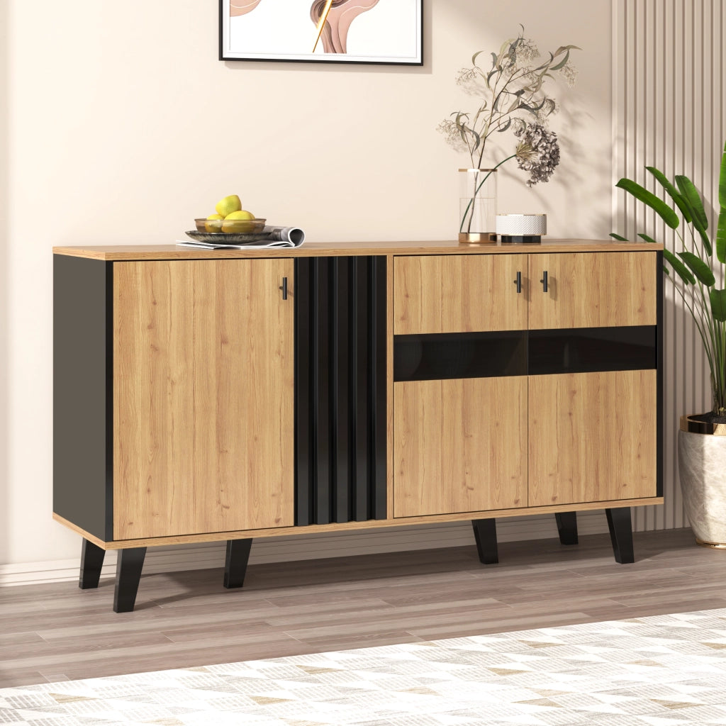 Credenza grande in legno e nero - Zephmum- 140x78,5x41 cm, LED, vetro, design coordinato