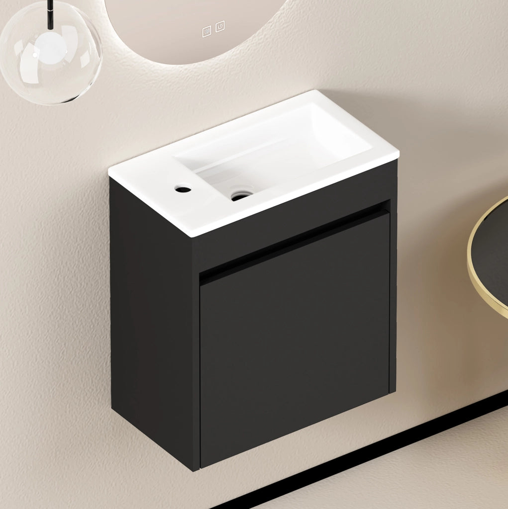 Mobile bagno nero compatto 46 cm con porta soft-close per chiusura silenziosa