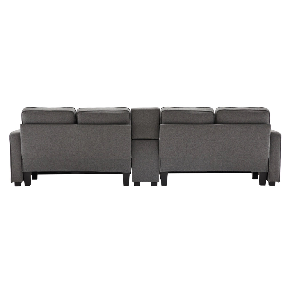 Divano moderno da 4 posti in tessuto effetto lino con console, porta bevande, 2 porte USB, tasche laterali e 4 cuscini